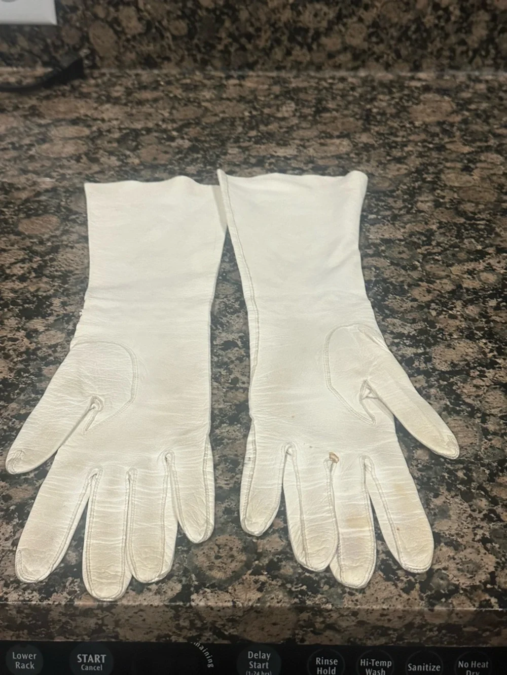Vintage White‎ long Gloves with decorative rhinestone accents at the wrist.